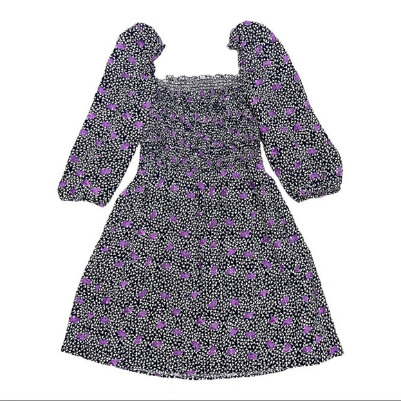 Maje Rappa Floral Print Smocked Puff Sleeve Dress Pockets Navy Purple Size M - Picture 6 of 14